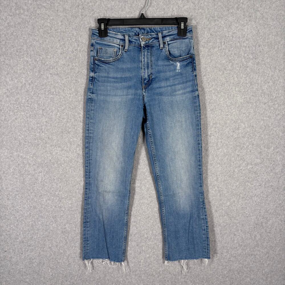 H&M &Denim Jeans 27 Straight Ankle Crop Raw Frayed Hem Stretch Distressed Faded